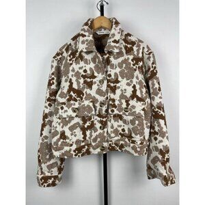 Sonoma White Brown Cow Print Cropped Button Up Shacket Shirt‎ Jacket Size XS